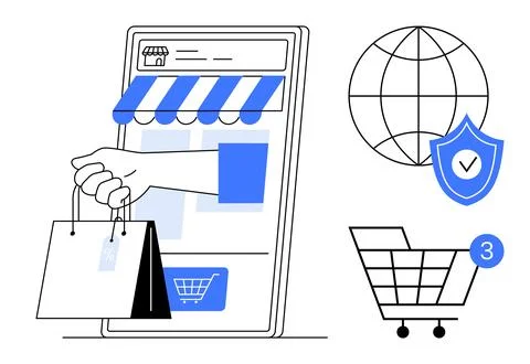 Online Shopping with Mobile Device, Secure Payment and Global Access, Enhan.. Stock Illustration