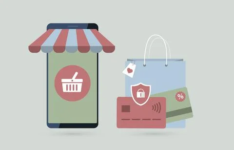 Online Shopping - Mobile E-Commerce concept. Smartphone with a shopping cart of Stock Illustration