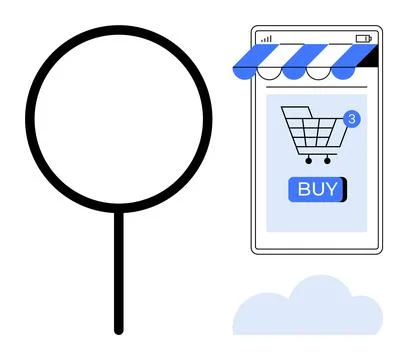 Online Shopping Mobile Interface with Magnifying Glass and Shopping Cart Ilustração Stock