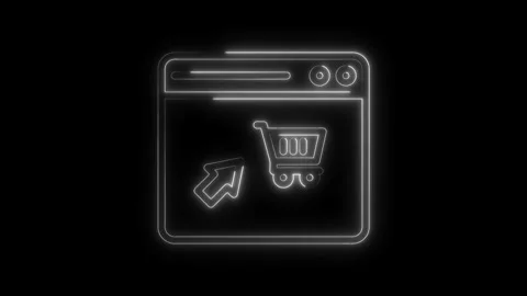 Online shopping neon style interface with arrow and cart animated on black .. Stock Footage 314539778