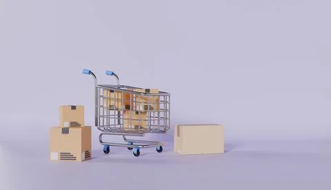 Online shopping or mobile application e-commerce, paper box with shopping Stock Illustration