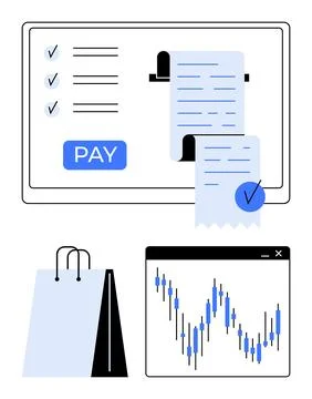 Online Shopping Payment Process with Receipt Printer and Financial Chart Stock Illustration