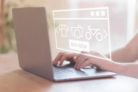 Online shopping on PC. E- Commerce. Browsing on online shops. E-Commerce concept Stock Photos