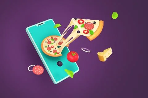Online shopping pizza delivery via mobile phone. Stock Illustration