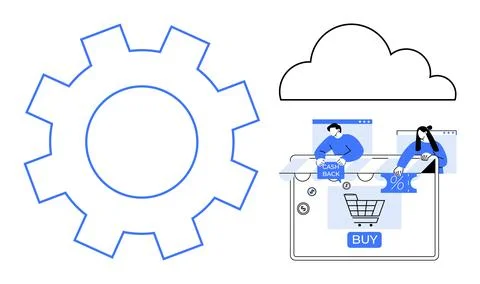 Online Shopping Platform with Cloud Backup and Cashback Rewards Highlighted Stock Illustration