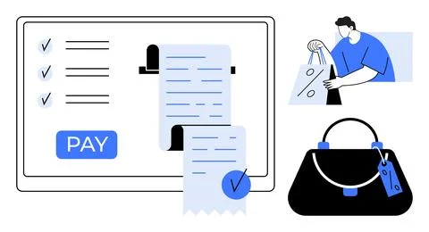 Online Shopping Process Digital Payment, Receipt Generation, and Bag Pickup Stock Illustration