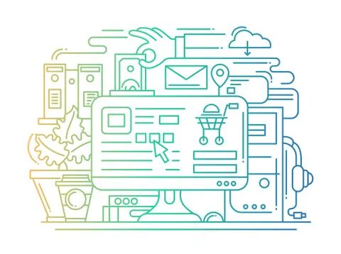 Online shopping process line flat design banner with desktop. Stock Illustration