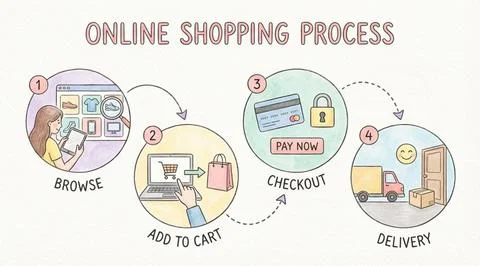 Online shopping process steps from browsing to delivery Stock Illustration