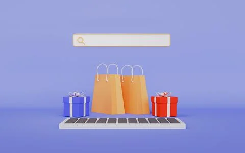 Online shopping represented by computer with shopping bags and gift boxes Illustrazione stock