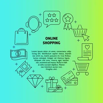 Online shopping round concept poster in line style with place for text Stock Illustration