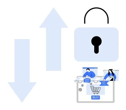 Online Shopping Security Featuring Large Lock and Arrows Representing Data .. Illustrazione stock