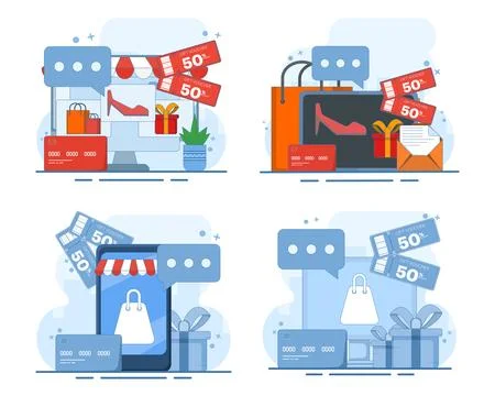 Online shopping set featuring computer e-commerce, big sales. Stock Illustration