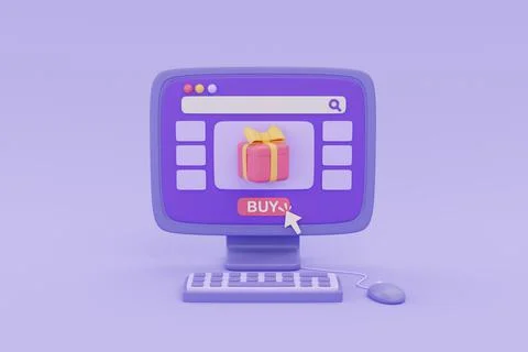 Online shopping store on computer with gift boxes on purple background, digit Stock Illustration