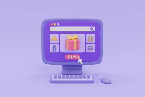 Online shopping store on computer with gift boxes on purple background, digit Stock Illustration