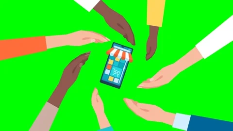 Online shopping store with mobile application and hands around. E-commerce Stock Footage 274951138