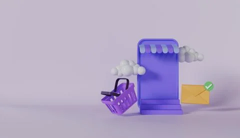 Online shopping store with mobile, shopping cart, mail, clouds Stock Illustration