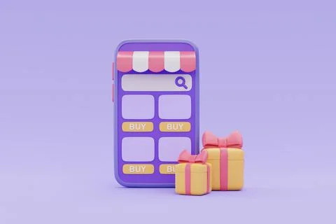 Online shopping store on smartphone with gift boxes on purple background, 3d  Stock Illustration