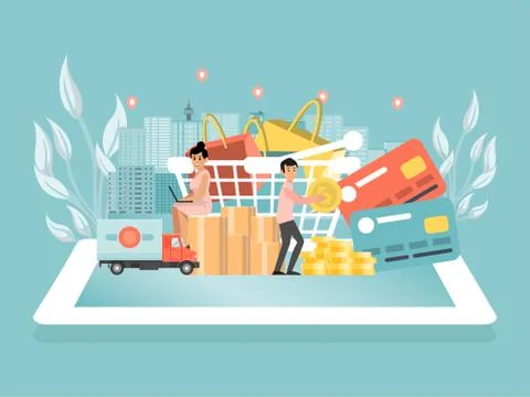 Online shopping store tiny character hold gold coin cash, lorry delivery goods Ilustração Stock