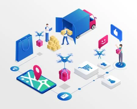 Online shopping system isometric vector illustration. Delivery service workers Stock Illustration
