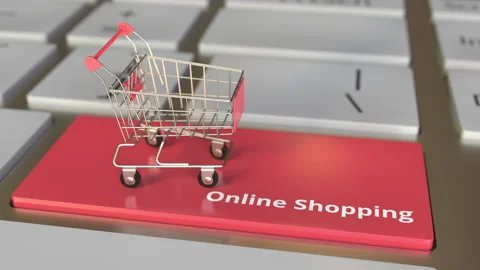 Online Shopping text on computer keyboard and boxes with DELIVERY words in small Stock Footage 145331780