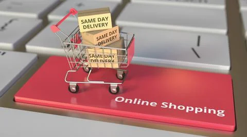 Online Shopping text on computer keyboard and boxes with SAME DAY DELIVERY in Stock Illustration