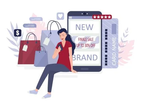 Online shopping using devices. Modern technology, internet and e-commerce Illustrazione stock