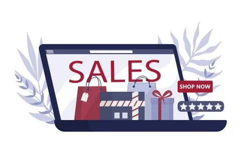 Online shopping using devices. Modern technology, internet and e-commerce Illustrazione stock