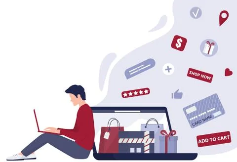Online shopping using devices. Modern technology, internet and e-commerce Illustrazione stock
