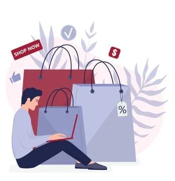 Online shopping using devices. Modern technology, internet and e-commerce Illustrazione stock