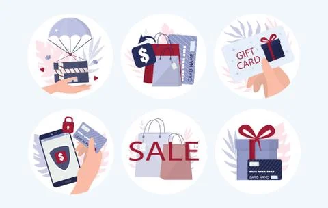 Online shopping using devices. Modern technology, internet and e-commerce Illustrazione stock