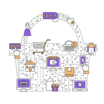 Online shopping vector flat line art illustration Stock Illustration