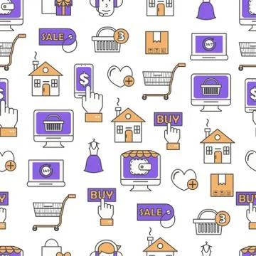Online shopping vector flat line art seamless pattern Illustrazione stock