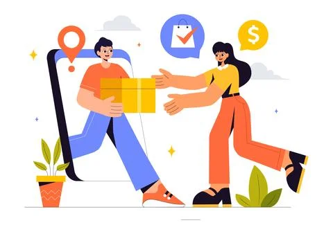 Online Shopping Vector Illustration Featuring People Using Smartphones for .. Stock Illustration