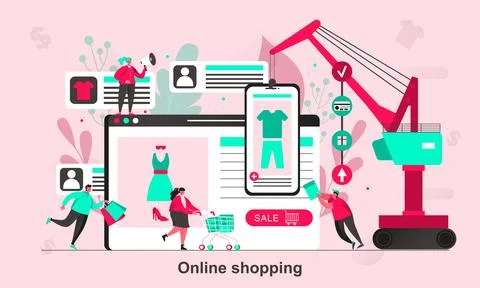 Online shopping web concept design in flat style. Customers with shopping bag Stock Illustration
