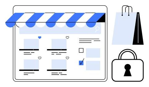 Online Shopping Website Interface with Bag and Lock for Security Representati Stock Illustration