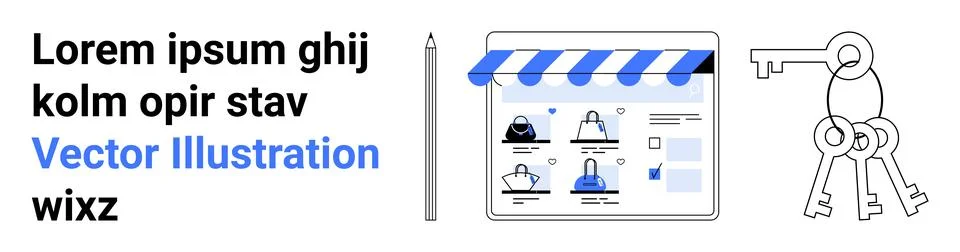 Online Shopping Website Interface with Keys and Pencil for E-commerce, Secu.. Stock Illustration