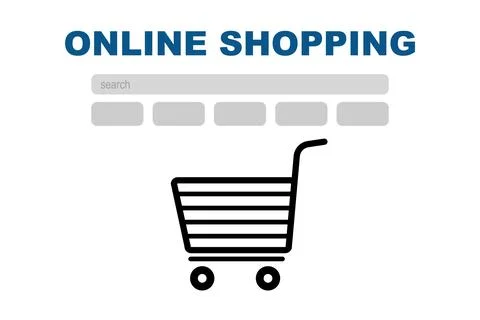 Online shopping. Website interface with search bar and illustration of cart.. Ilustração Stock
