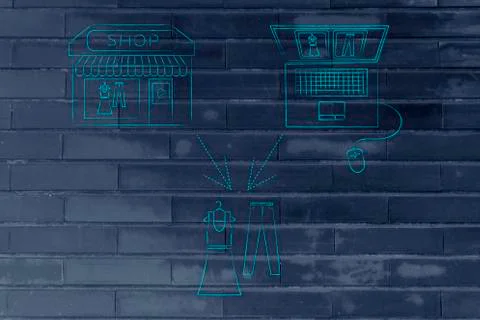Online shops vs physical store: buying the same items Stock Illustration