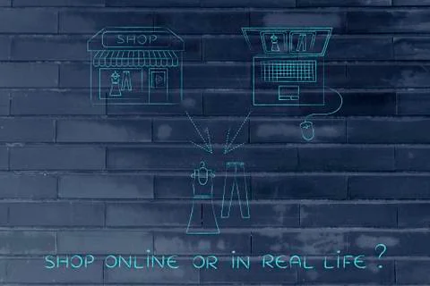 Online shops vs physical store: buying the same items Illustrazione stock