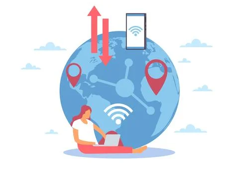 Online space with elements of technology, devices using a web connection. Woman Stock Illustration