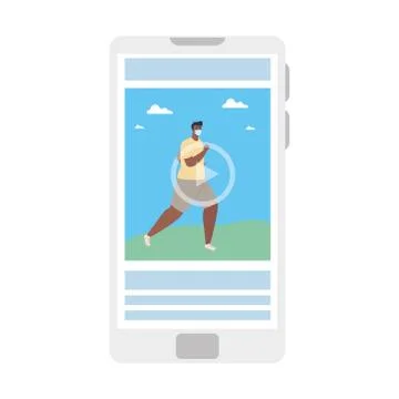 Online sport tutorial, man afro wearing medical mask, in smartphone practicing Stock Illustration