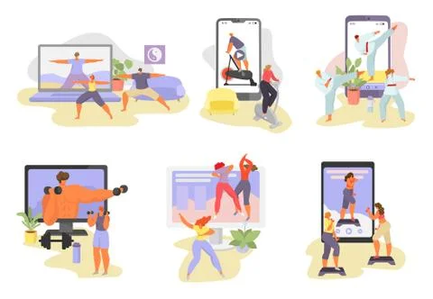 Online sport tutorial vector illustrations, cartoon woman man characters in 스톡 일러스트