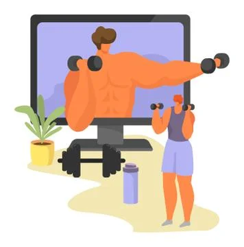 Online sport tutorial vector illustrations, cartoon woman man characters in Stock Illustration
