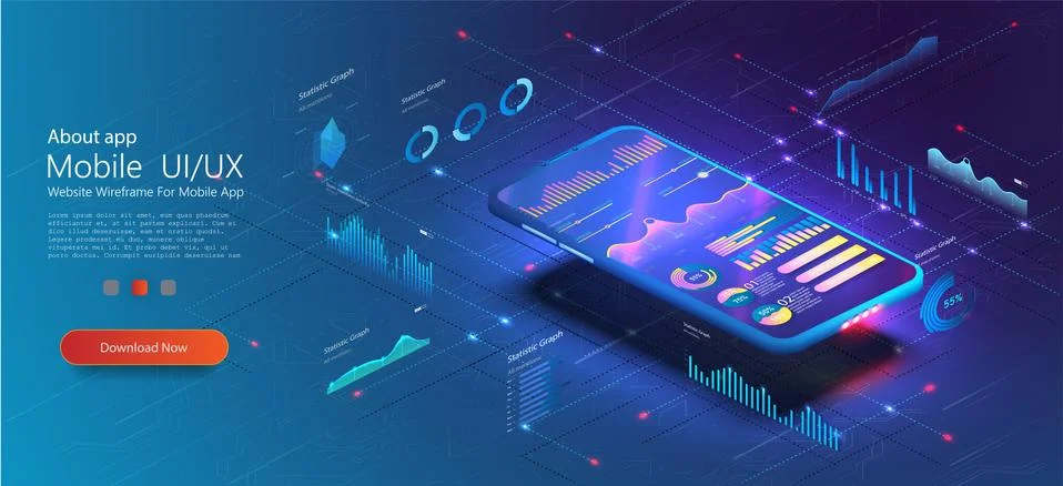 Online statistics and data Analytics UX UI . Digital money market, investment Illustrazione stock