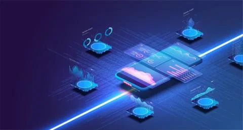 Online statistics and data Analytics.Digital money market, investment, finance Stock Illustration