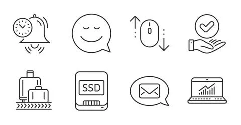Online statistics, Approved checkbox and Ssd icons set. Baggage reclaim, Scroll Illustrazione stock