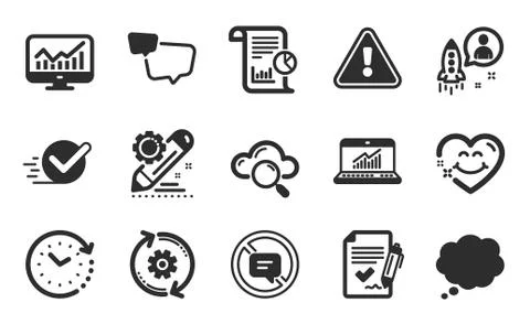 Online statistics, Statistics and Approved agreement icons set. Project edit Stock Illustration
