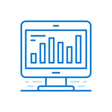 Online statistics vector line icon. Monitor with infographic progress bars on Illustrazione stock