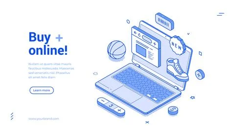Online store and e-commerce isometric banner template. Digital marketing conc Stock Illustration