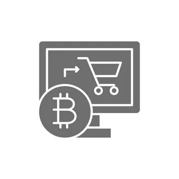 Online store with bitcoin, cryptocurrency, crypto coin grey icon. Stock Illustration